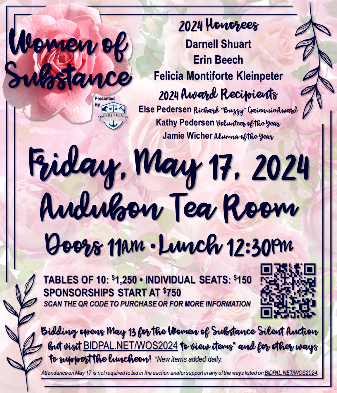 Join us on May 17th to celebrate Women of Substance!  We're thrilled to announce that our Founder and CEO, Felicia Monteforte Kleinpeter, will be speaking and honored as one of the exceptional women of 2024. Don't miss this empowering event!  2024 Honorees Darnell Shuart Erin Beech Felicia Montiforte Kleinpeter 2024 Award Recipients Else Pedersen Richard "Buzzy" Gaiennie Award Kathy Pedersen Volunteer of the Year Jamie Wicher Aluma of the Year Friday, May 17. 2024 Audubon Tea Room Doors 11am • Lunch 12:30 pm TABLES OF 10: $1,250 • INDIVIDUAL SEATS: $150 SPONSORSHIPS START AT $750 SCAN THE QR CODE TO PURCHASE OR FOR MORE INFORMATION